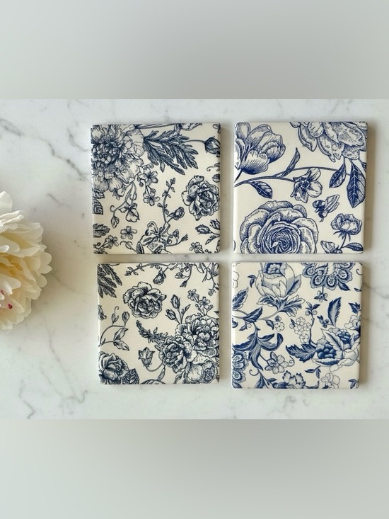 Hand Crafted Other - Chinoiserie Floral Ceramic Coasters Set of 4 | Vintage Tile Coasters